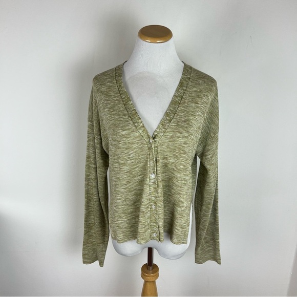 THEORY Hanalee Cropped Green V-Neck Cardigan Sweater Linen Size M - Picture 4 of 9